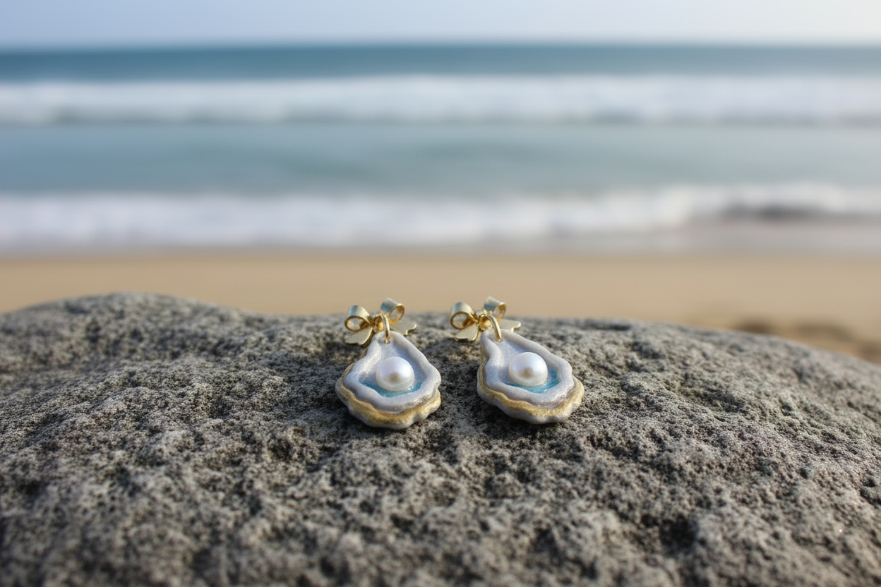 Earrings propped on rock with beach background