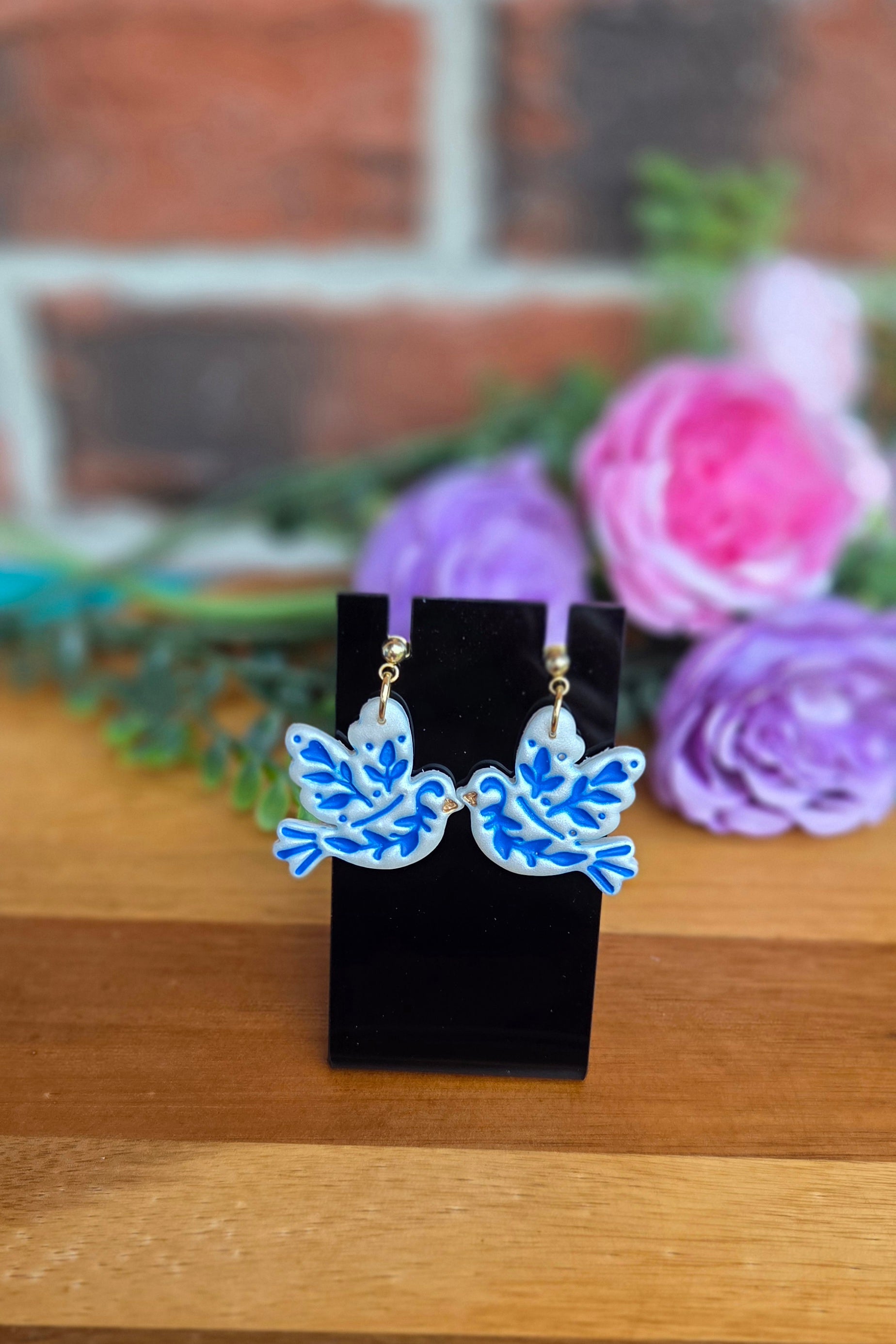 Doves with Blue Floral Vines
